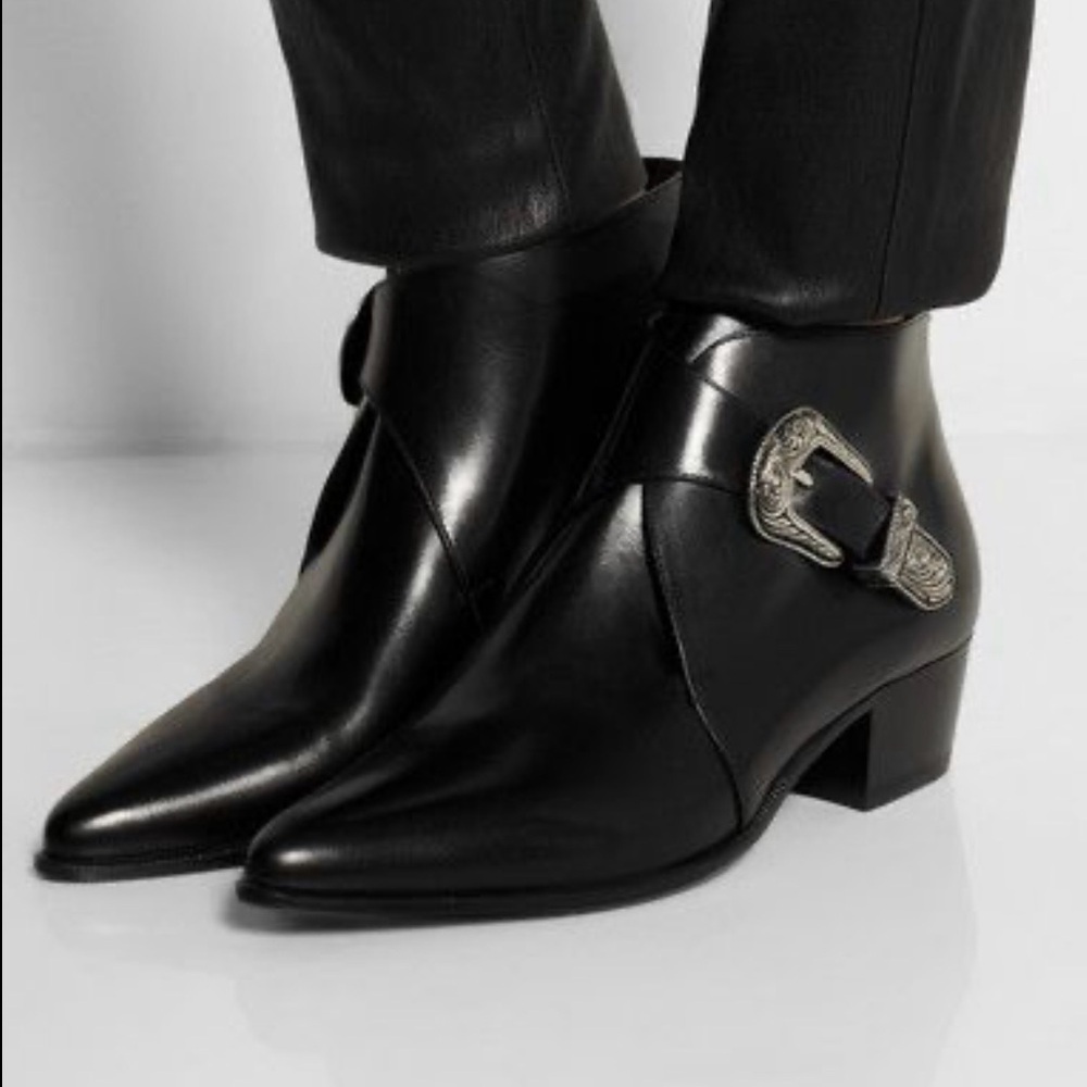 Saint Laurent Black Leather Buckle Boots